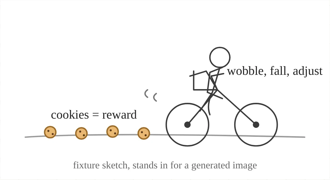 A pencil sketch of a child on a bicycle with cookies along the path labelled cookies equal reward.