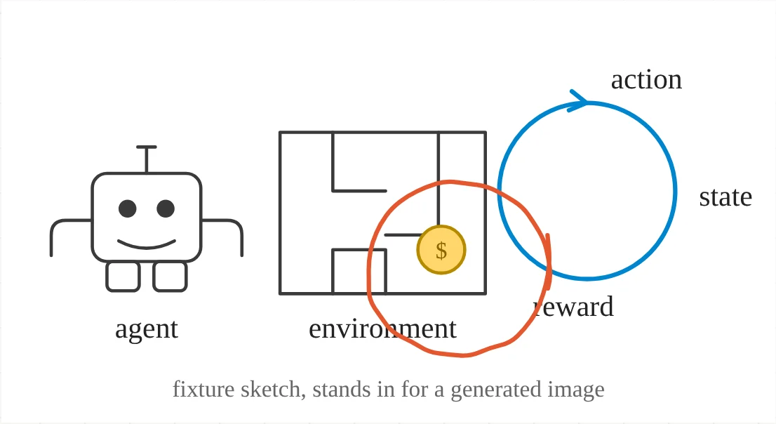 A pencil sketch of a robot agent, a maze environment with a coin, and a state loop, with the coin circled.