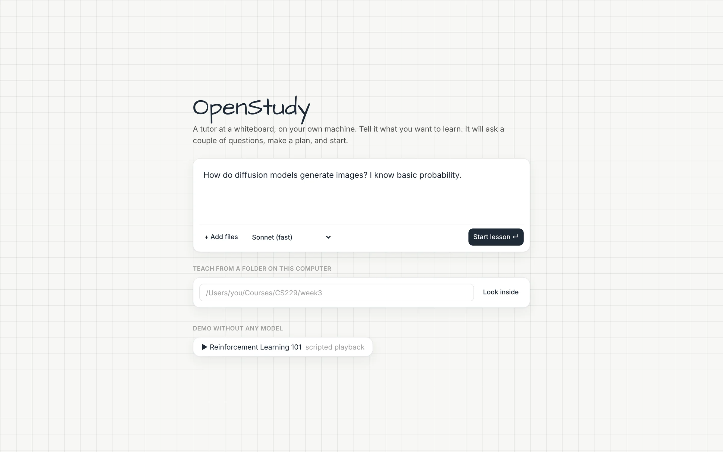 The OpenStudy start page: a box asking what you want to learn, a model picker, a folder input and a demo lesson link.