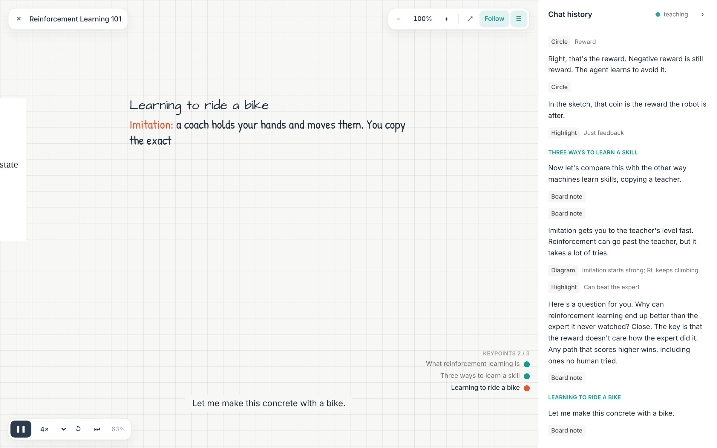 The board mid-sentence: a new section titled Learning to ride a bike streaming in, with keypoints and the chat history visible.