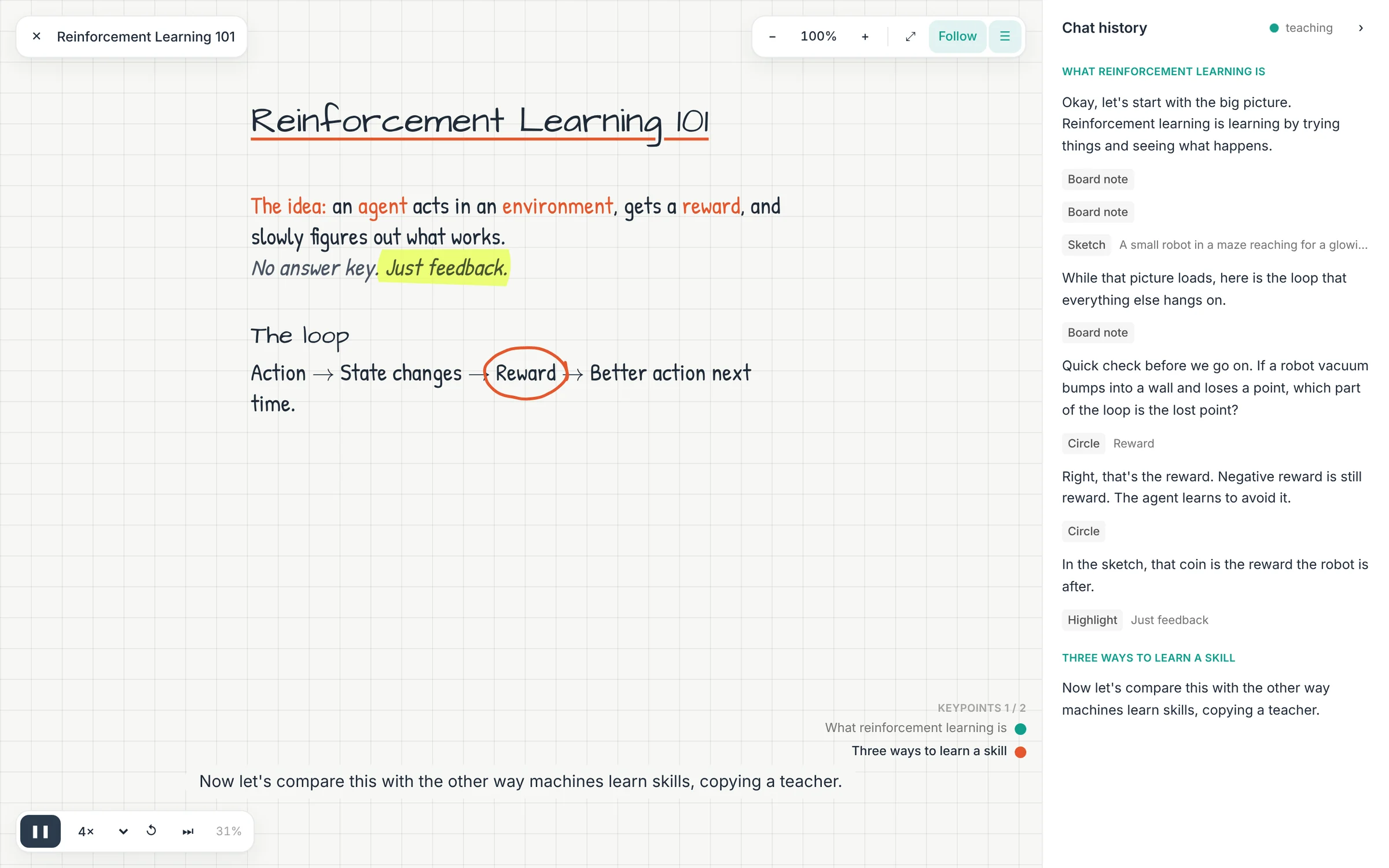 An OpenStudy lesson on Reinforcement Learning 101: handwritten notes on graph paper with the word Reward circled in red, and the tutor's chat history on the right.